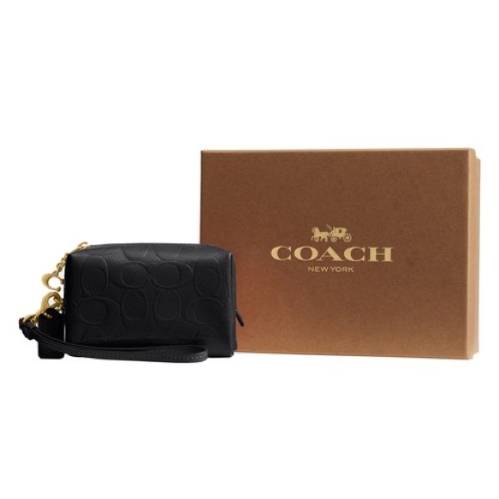 Coach Boxed Essential Mini Cosmetic Pouch Wristlet Black Signature Leather NWT - Picture 4 of 8